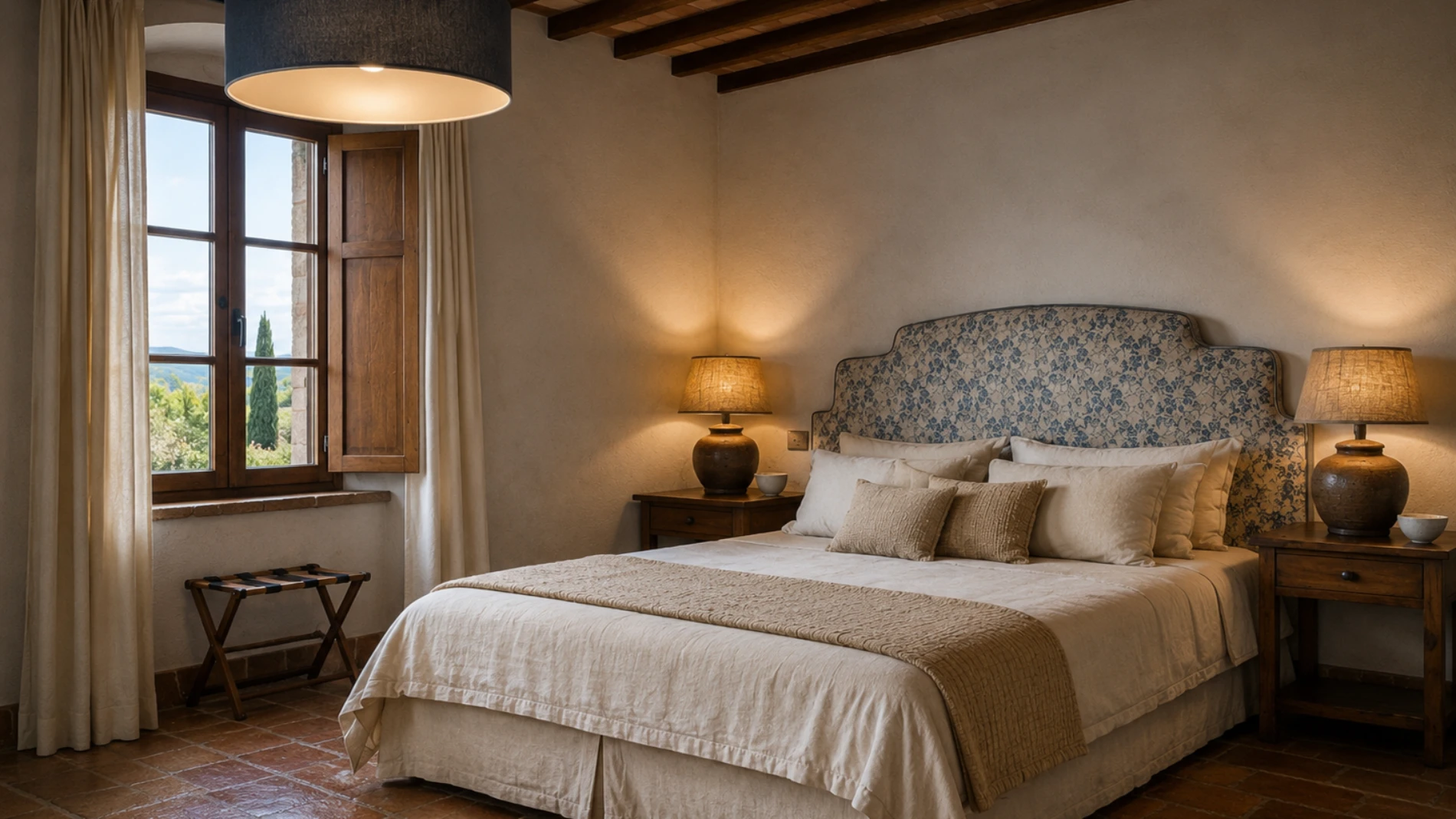 Tuscan-style double room with decorative headboard, exposed beams and panoramic window in Asciano - Castello di Leonina, BZAR hotels in Tuscany