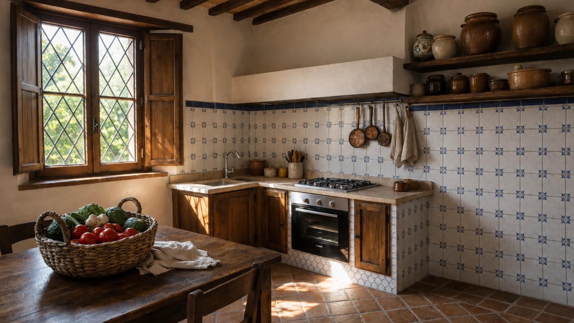 Rustic Tuscan kitchen with wooden table, tiled walls and natural light in the estate in Asciano - Castello di Leonina, BZAR hotels in Tuscany
