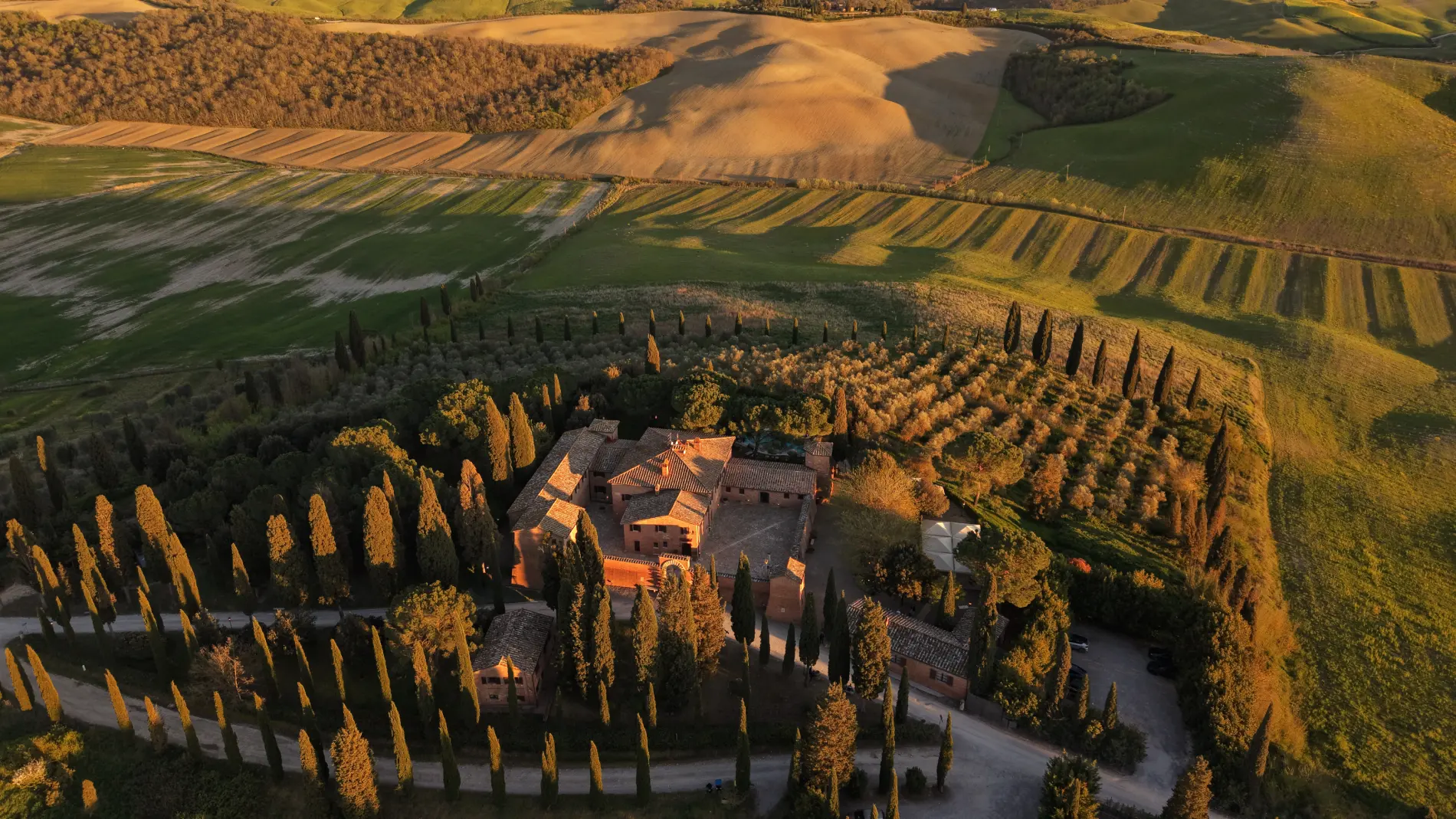 Aerial view of Castello di Leonina among cypress trees, olive groves and Crete Senesi hills at sunset - Castello di Leonina, BZAR hotels in Tuscany