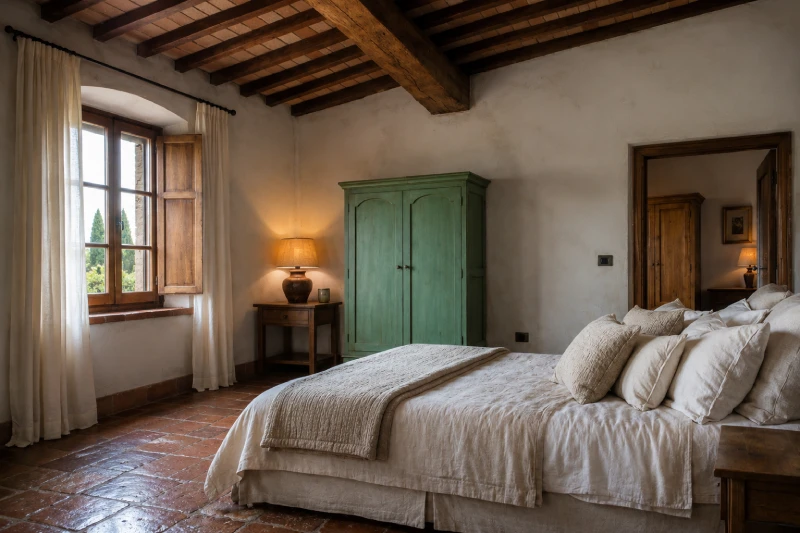 Double bedroom with green wardrobe, exposed beams and relaxing atmosphere in the villa in Asciano - Villa San Bartolomeo, BZAR hotels in Tuscany