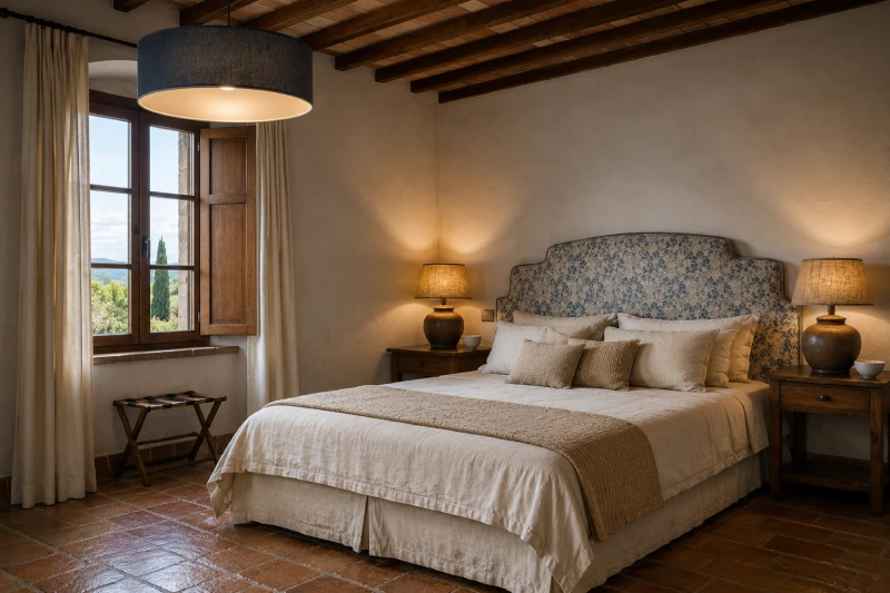 Elegant double bedroom with decorative headboard, wooden beams and window overlooking the Tuscan countryside - Villa San Bartolomeo, BZAR hotels in Tuscany