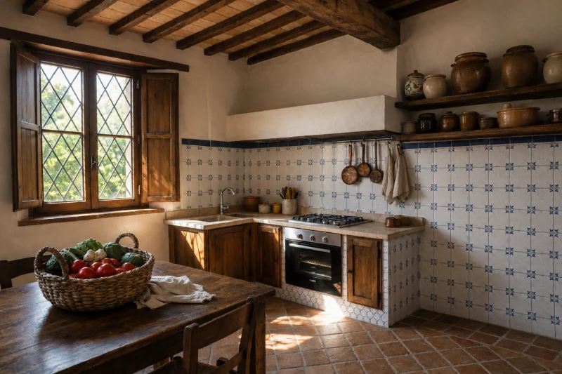Fully equipped rustic Tuscan kitchen with wooden table, terracotta floor and tiled walls in the villa in Asciano - Villa San Bartolomeo, BZAR hotels in Tuscany