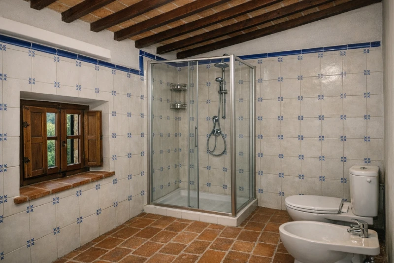 Tuscan-style bathroom with glass shower, exposed beams and wooden window in the villa in Asciano - Villa San Bartolomeo, BZAR hotels in Tuscany
