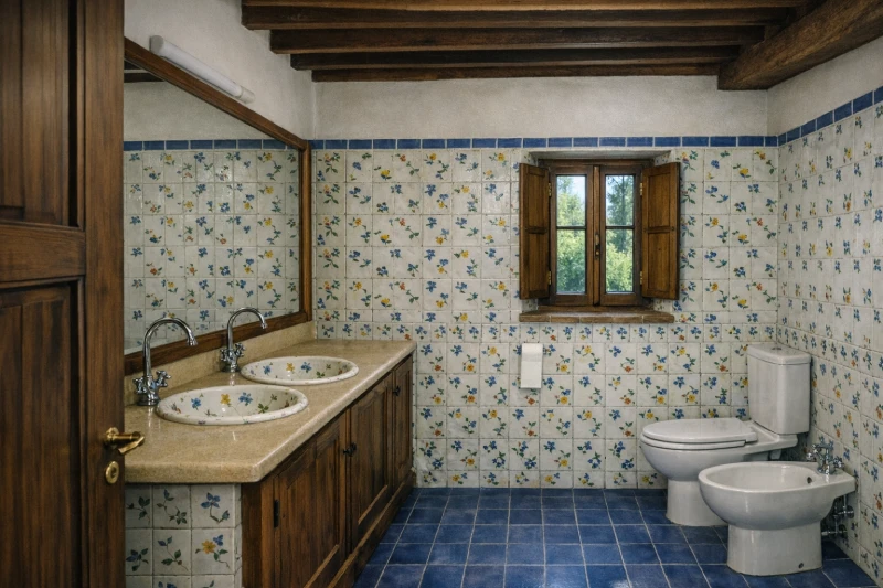 Spacious bathroom with double sink, decorative tiles and wooden beams in the Tuscan villa - Villa San Bartolomeo, BZAR hotels in Tuscany